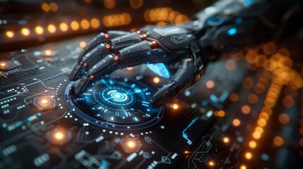 Poster - The cyborg hand touches the holographic interface with his index finger. Artificial intelligence robot in Industry 4.0.