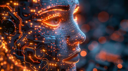 Aufkleber - The development of AI chat bots. An artificial intelligence isometric robot head in a computer chip system. Technology. An internet online chat bot face. The generation of pre-trained AI. AI concept