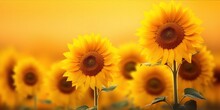Two Bright Yellow Sunflowers With Green Leaves In Front Of A Blurred Background Of A Field Of Sunflowers At Sunset In A Realistic Style