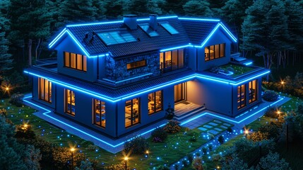 Fototapete - A smart home with IOT system technology isometric concept. Smart devices that are connected to the internet via a smartphone. IOT system controlled by a smartphone.