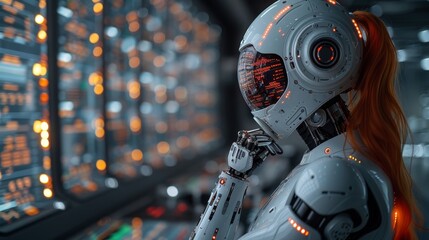 Leinwandbilder - An AI robot examines the charts of the stock exchange market. A woman robot trades the forex market with the help of an automated AI system. An AI robot develops trading strategies on the stock