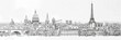 Panoramic Parisian cityscape with historic landmarks - The expansive pencil sketch portrays the panoramic Parisian cityscape including landmarks like the Eiffel Tower and Notre Dame Cathedral