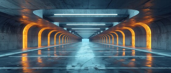 Sticker - The rendering shows a futuristic concrete structure with a car park and an empty cement floor.