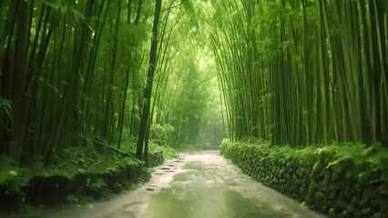 Wall Mural - A stunning and serene path winds its way through a lush green bamboo forest, showcasing the captivating natural beauty of this tranquil landscape, A tranquil bamboo forest in Bali, AI Generated