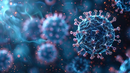 Aufkleber - COVID-19 3D Virus model in abstract futuristic polygonal style isolated on blue background. Microorganism, a type of pathogenic microflora.