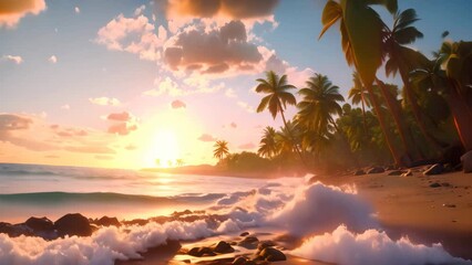 Sticker - A stunning sunset over a serene tropical beach, surrounded by lush palm trees, A tropical beach at sunset with palms casting long shadows, AI Generated