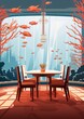 Undersea restaurant interior with a large glass window, showing a coral reef with many orange fish swimming around, in an art deco style.