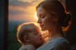 Mother baby love sunset. Summer mom. mother day, mother day concept, world mother day, mother love, love, child, kid, cute, Generated by Ai