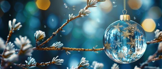 Sticker - On a blue abstract night, the Christmas tree in ball hangs from a fir branch decorated with golden glitter