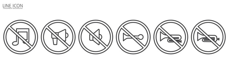 Canvas Print - Line Icon of No Horn Traffic, Vector illustration of red crossed out circular no traffic sign with trumpet icon inside. No horn symbol. No loud sound symbol icon in transparent background.