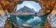 Spherical 360 degrees seamless panorama view in equirectangular projection,  wild natural landscape of a river running under a natural rocky arch with a beautiful mountain panorama ahead