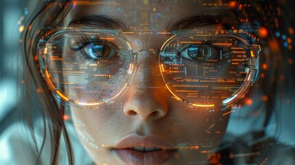 Aufkleber - A female scientist looking at a futuristic GUI.