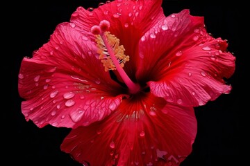 Closeup of a red hibiscus flower with water droplets on its petals against a black background.