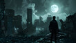 Post-Apocalyptic Cityscape under Moonlight: A Mysterious Silhouette Stands Guard