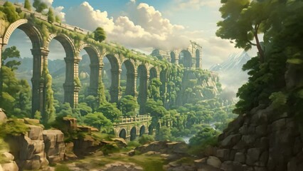 Poster - A stunning painting capturing a majestic mountain landscape adorned with beautiful arches, An ancient aqueduct in a lush landscape, AI Generated