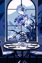 Blue And White Orchids In A Blue Vase On A Round Table With Two Chairs In Front Of A Large Window.