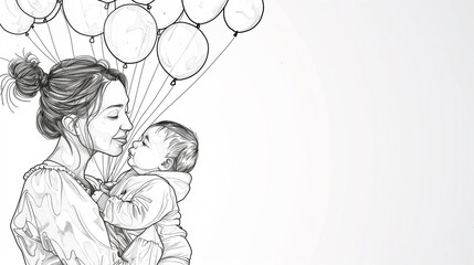 happy mothers's day. Woman hold her baby with air balloons line art. Family parenthood concept. Character mom with a kid. ai generated