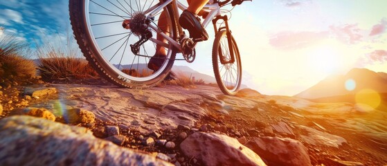 Wall Mural - Sunrise views of cyclists riding mountain bikes on rocky trails.