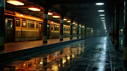 Poster - A train arrives at a train station surrounded by darkness, highlighting the vibrant lights and busy atmosphere, An empty subway station during midnight, AI Generated