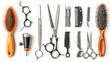 Professional barber hair clippers, scissors, and combs for men's haircuts. Premium hairdressing accessories for salons, isolated on a white background.