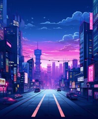 A digital painting of a futuristic city street with skyscrapers, neon lights, and cars in a retrofuturistic style.