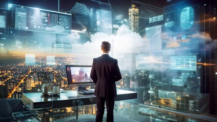 A man standing in front of a computer monitor, working on his computer, Innovative futuristic business technologies concept, AI Generated