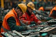 Workers sorting and disassembling obsolete devices at an e-waste recycling facility. Generative Ai