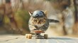 © Nisit - A tabby cat wearing a tiny helmet and goggles skateboarding down a gentle slope in a park
