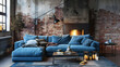 Blue sofa with fireplace and grunge brick wall backdrop. Modern living room interior design with a loft and industrial feel