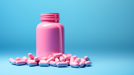 Wall Mural - Pink pills, capsules and vitamins in a jar on a blue background.