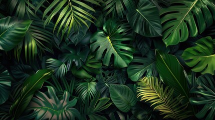  Green tropical leaves in dark background. Lush tropical foliage against a mysterious backdrop.