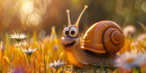 Happy cartoon snail crawling on the grass in the forest at sunset. Snail in the nature