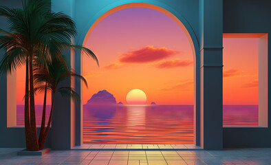 Canvas Print - Open window with tropical landscape and ocean in y2k or vaporwave style. Pink sunrise in 90s style room, vacation calmness frame.