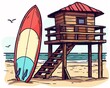 Surfboard clipart propped up against a lifeguard stand.