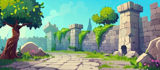 Wall Mural - a cartoon illustration of a tree in the foreground with a stone wall in the background, creating a n