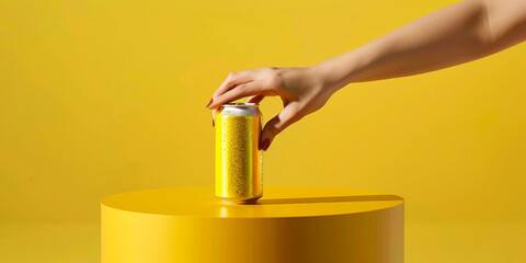 Hand holds a yellow can of soda on a yellow background