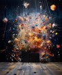 Colorful explosion of powder and debris in dark space with wooden floor,3D rendering,abstract,vibrant,dynamic,contemporary,expressionism
