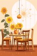 Sunflower still life with vase and chairs in a room with a large window in a flat color style