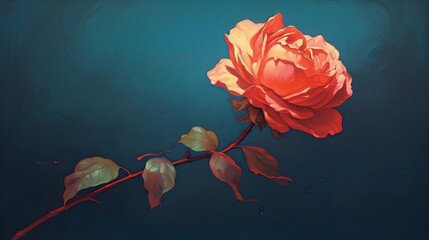 Wall Mural - A single, fully bloomed orange rose with dark green leaves on a dark blue background in a digital painting style.