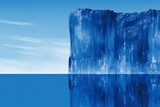 Large blue iceberg floating in the middle of the ocean with a cloudy sky above and mirroring in the water below in a minimalist surreal painting.