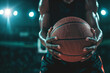 Basketball player is holding basketball ball on a court. Generative AI