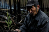 Fototapeta  - Portrait of a forester carefully examining a tree seedling before planting it in a burnt forest, banner for Earth Day.