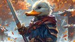 Heroic Duck Warrior Embarking on Legendary Sword Quest Through Enchanted Autumn Woodland