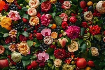  top view of colorful flowers, fruits, and leaves generative ai