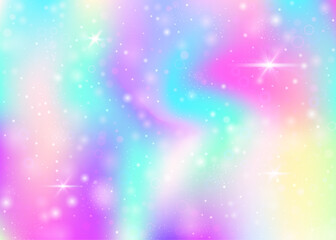 Wall Mural - Holographic background with rainbow mesh. Liquid universe banner in princess colors. Fantasy gradient backdrop with hologram. Holographic unicorn background with fairy sparkles, stars and blurs.