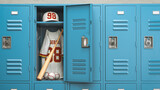 Fototapeta  - Baseball ball and bat in a school locker room.  Baseball sport equipment and training concept.
