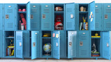 Fototapeta Boho - Student lockers at school. School lockers with open doors and student equipment, items and accessories for education and sport.