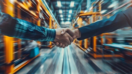 businessmen shaking hands inside a modern factory sealing the deal in motion generative ai