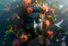 A Statue Of A Buddha Surrounded By Flowers