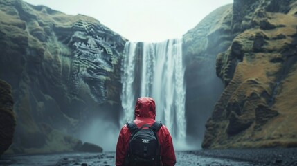 Wall Mural - portrait of Skogafoss waterfall in Iceland. Man in jacket looking at waterfall